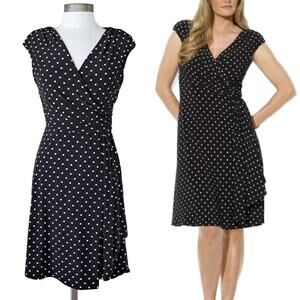 LAUREN Ralph Lauren Black Polka Dot Jersey Faux Wrap Dress Size 8 Petite
